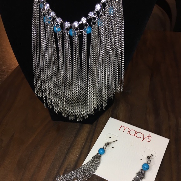 Silver & Turquoise Fringe Necklace/Earrings - Picture 4 of 10